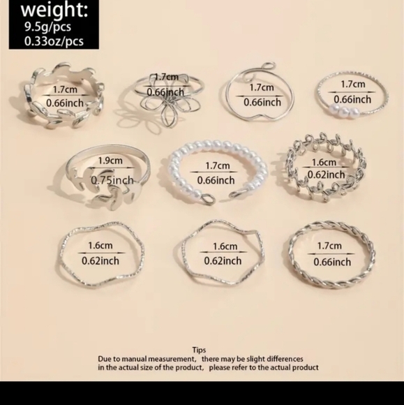 NWT 10pc Bohemian Style Gold Pearl Ring Set with Flower, Tree Leaf & Vine - Picture 5 of 7